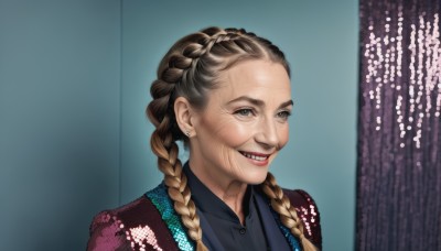 1girl,solo,long hair,looking at viewer,smile,brown hair,shirt,brown eyes,jewelry,upper body,braid,multicolored hair,earrings,teeth,collared shirt,grin,twin braids,lips,black shirt,piercing,portrait,realistic,stud earrings,old,old man,old woman,wrinkled skin,multiple braids,blonde hair,grey eyes,makeup,parody,meme,nose