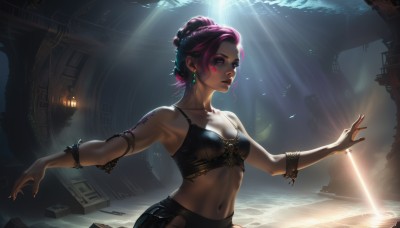 1girl,solo,breasts,looking at viewer,short hair,red eyes,navel,cleavage,bare shoulders,jewelry,medium breasts,collarbone,upper body,pink hair,purple hair,braid,earrings,small breasts,parted lips,midriff,sword,artist name,signature,stomach,hair bun,nail polish,bracelet,lips,fingernails,tattoo,makeup,glowing,facial mark,sunlight,single hair bun,outstretched arms,black nails,armlet,light rays,realistic,nose,light,facial tattoo,bra,black bra,scenery,fantasy