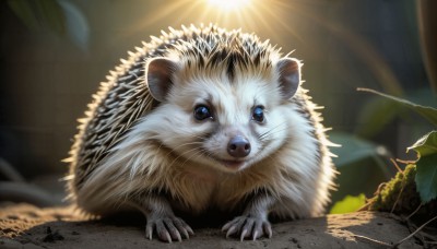 HQ,looking at viewer,blue eyes,outdoors,blurry,tree,no humans,depth of field,animal,leaf,sunlight,plant,light rays,realistic,animal focus,mouse,whiskers,moss,lion,solo,full body,day,pokemon (creature),blurry background,claws