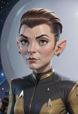 1girl,solo,breasts,looking at viewer,short hair,multiple girls,brown hair,2girls,jewelry,green eyes,upper body,earrings,parted lips,solo focus,pointy ears,artist name,lips,bodysuit,elf,freckles,realistic,nose,multiple boys,facial hair,thick eyebrows,zipper,space,yellow bodysuit