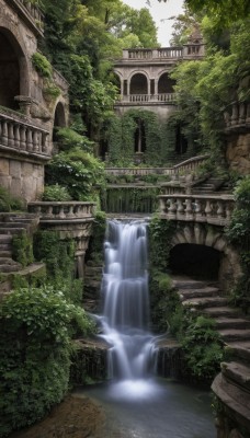 outdoors,day,water,tree,no humans,bird,plant,building,nature,scenery,forest,stairs,fantasy,architecture,ruins,bridge,river,waterfall,statue,arch,moss,overgrown,fountain,sky,bush