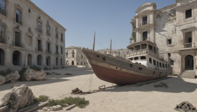 1girl,outdoors,sky,day,water,tree,blue sky,no humans,window,shadow,building,scenery,rock,road,watercraft,ruins,house,boat,grass,sand,bridge,ship,statue,arch