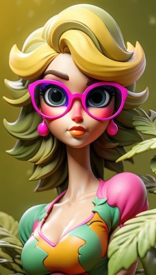 1girl,solo,breasts,looking at viewer,short hair,blue eyes,blonde hair,shirt,cleavage,jewelry,medium breasts,closed mouth,collarbone,upper body,short sleeves,earrings,glasses,puffy sleeves,puffy short sleeves,lips,eyelashes,makeup,leaf,sunglasses,lipstick,eyeshadow,pink lips,flipped hair,pink-framed eyewear,smile,green eyes,multicolored hair,plant,green shirt