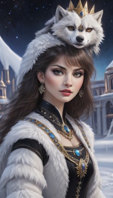 1girl,solo,long hair,breasts,looking at viewer,brown hair,dress,cleavage,brown eyes,jewelry,medium breasts,upper body,earrings,outdoors,parted lips,sky,teeth,necklace,lips,coat,fur trim,makeup,night,animal,crown,lipstick,brooch,gem,star (sky),night sky,snow,starry sky,dog,snowing,nose,on head,red lips,animal on head,winter,fur,wolf,pelt,bangs,black hair,small breasts,signature,blurry,eyelashes,building,realistic,white fur,fur coat