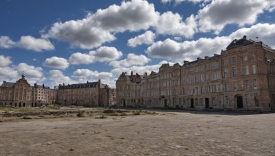 outdoors,sky,day,cloud,tree,blue sky,no humans,window,cloudy sky,grass,building,scenery,city,road,house,wall