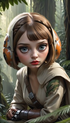 1girl,solo,breasts,looking at viewer,short hair,bangs,blue eyes,brown hair,gloves,cleavage,closed mouth,upper body,braid,small breasts,outdoors,parted lips,day,cape,blurry,tree,lips,grey eyes,eyelashes,makeup,blurry background,headphones,leaf,plant,lipstick,nature,forest,nose,red lips,crown braid,strap,mascara,long sleeves,artist name,signature,fingerless gloves,nail polish,depth of field,sunlight,bob cut,helmet,pink lips,realistic