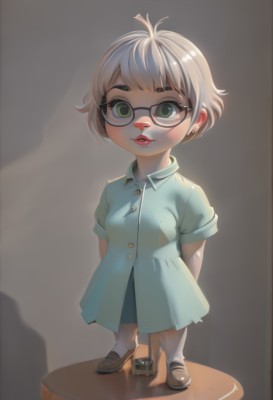 1girl,solo,breasts,looking at viewer,short hair,bangs,dress,jewelry,green eyes,standing,full body,short sleeves,grey hair,earrings,parted lips,shoes,glasses,socks,artist name,lips,makeup,buttons,blue dress,shadow,brown footwear,arms behind back,thick eyebrows,lipstick,white socks,child,freckles,black-framed eyewear,collared dress,red lips,female child,stud earrings,skirt,blue skirt,faux figurine