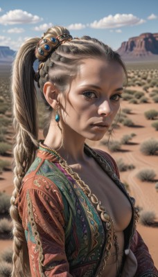 1girl,solo,long hair,breasts,looking at viewer,brown hair,hair ornament,long sleeves,jewelry,medium breasts,closed mouth,collarbone,upper body,ponytail,braid,earrings,small breasts,outdoors,open clothes,sky,day,cloud,necklace,blurry,blue sky,lips,grey eyes,no bra,depth of field,blurry background,forehead,mountain,realistic,nose,field,hair pulled back,desert,multiple braids,cleavage,very long hair,grey hair,dark skin,vest,dark-skinned female,expressionless,freckles,braided ponytail