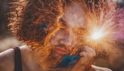 1girl,solo,blurry,depth of field,blurry background,glowing,realistic,fireworks,short hair,1boy,jewelry,male focus,lips,eyelashes,portrait,close-up,out of frame