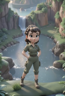 1girl,solo,looking at viewer,smile,open mouth,brown hair,shirt,hair ornament,brown eyes,standing,full body,ponytail,braid,short sleeves,boots,outdoors,parted lips,teeth,day,belt,pants,water,uniform,black eyes,military,military uniform,shadow,child,nature,pocket,hands on hips,pouch,rock,hands in pockets,green shirt,female child,breast pocket,river,green pants,waterfall,long hair,artist name,grass,pond,stream