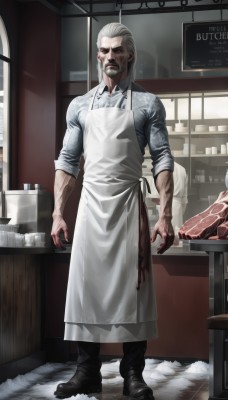 solo,long hair,looking at viewer,shirt,1boy,standing,full body,white hair,grey hair,male focus,boots,food,solo focus,collared shirt,pants,indoors,black footwear,apron,blood,muscular,facial hair,scar,table,muscular male,beard,sleeves rolled up,veins,mustache,blood on clothes,old,old man,meat,blood on hands,kitchen,horror (theme),restaurant,wrinkled skin,long sleeves,closed mouth,white shirt,artist name,window,dress shirt,watermark,black pants,white apron,scar on face,realistic,manly,hair slicked back,steak