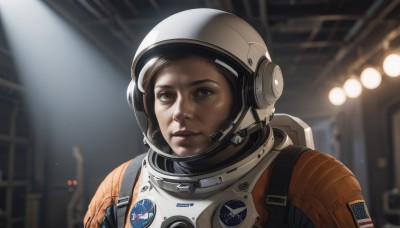 1girl,solo,looking at viewer,smile,brown hair,brown eyes,upper body,indoors,blurry,lips,blurry background,helmet,portrait,science fiction,realistic,spacesuit,astronaut,reflection,space,american flag,spacecraft,space helmet