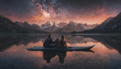 1girl, long hair, 1boy, sitting, outdoors, sky, cloud, water, from behind, night, star (sky), night sky, scenery, starry sky, reflection, sunset, mountain, watercraft, boat, lake, fishing rod, fishing