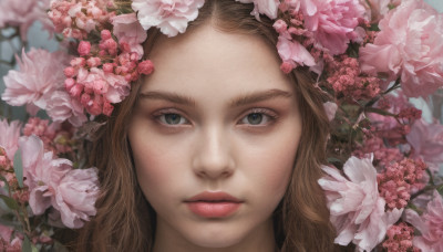 1girl, solo, long hair, looking at viewer, brown hair, closed mouth, flower, lips, portrait, close-up, pink flower, realistic, nose