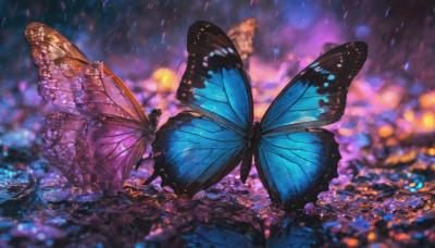 outdoors, wings, blurry, no humans, depth of field, animal, bug, butterfly, scenery, light particles, rain, butterfly wings