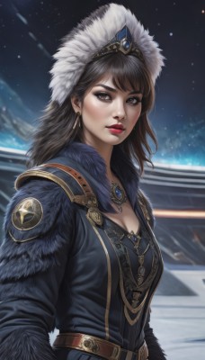 1girl,solo,long hair,breasts,looking at viewer,bangs,brown hair,black hair,long sleeves,hat,cleavage,brown eyes,jewelry,medium breasts,upper body,earrings,parted lips,sky,belt,signature,necklace,lips,coat,fur trim,makeup,night,lipstick,gem,star (sky),night sky,snow,realistic,nose,red lips,brown belt,fur hat,jacket,outdoors,blurry,feathers,eyeshadow,starry sky