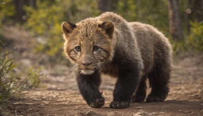 solo,looking at viewer,brown eyes,closed mouth,full body,outdoors,day,artist name,signature,blurry,black eyes,tree,no humans,depth of field,blurry background,animal,cat,plant,nature,realistic,animal focus,whiskers,forest