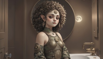 1girl,solo,breasts,looking at viewer,brown hair,black hair,bare shoulders,brown eyes,jewelry,closed mouth,upper body,earrings,small breasts,detached sleeves,pointy ears,indoors,necklace,armor,lips,makeup,facial mark,thick eyebrows,curly hair,forehead mark,nose,door,bathroom,big hair,sink,afro,short hair,black eyes,moon,crescent,forehead jewel