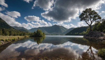 outdoors,sky,day,cloud,water,tree,blue sky,no humans,cloudy sky,grass,nature,scenery,forest,reflection,mountain,river,landscape,lake,reflective water,artist name,signature,watermark,sunlight,mountainous horizon