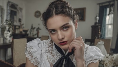 1girl,solo,looking at viewer,short hair,brown hair,shirt,black hair,dress,ribbon,brown eyes,sitting,white shirt,upper body,parted lips,indoors,blurry,black eyes,lips,grey eyes,black ribbon,neck ribbon,makeup,depth of field,blurry background,chair,lipstick,head rest,realistic,red lips,hand up,white dress,window,table,portrait,lace trim,lace,vase,photo background