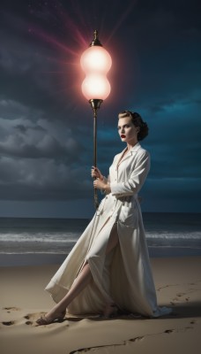 1girl,solo,short hair,brown hair,black hair,dress,holding,jewelry,standing,full body,outdoors,sky,cloud,water,hair bun,high heels,makeup,night,ocean,beach,sandals,cloudy sky,lipstick,staff,night sky,side slit,realistic,sand,labcoat,red lips,breasts,white dress,bracelet,coat,curly hair