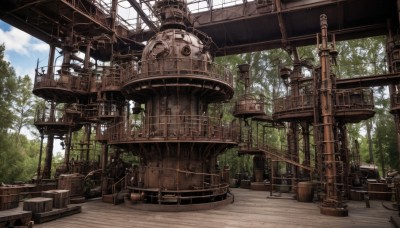 outdoors,sky,day,cloud,indoors,tree,blue sky,no humans,window,chair,table,sunlight,plant,nature,scenery,science fiction,wooden floor,railing,bench,cable,ruins,gears,steampunk,crate,cloudy sky,building,stairs,potted plant,bridge,industrial pipe