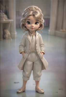 1girl,solo,looking at viewer,smile,blonde hair,shirt,brown eyes,jewelry,closed mouth,standing,jacket,full body,white shirt,earrings,open clothes,shoes,pants,necklace,blurry,black eyes,lips,coat,buttons,blurry background,white footwear,tiara,child,curly hair,open coat,white pants,hands in pockets,white coat,female child,no socks,long hair,short hair,brown hair,belt