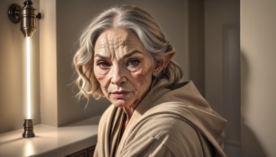 1girl,solo,looking at viewer,smile,short hair,blue eyes,jewelry,upper body,white hair,grey hair,earrings,parted lips,pointy ears,indoors,hood,medium hair,lips,grey eyes,scar,hood down,portrait,robe,realistic,nose,old,old woman,wrinkled skin,blonde hair,closed mouth,shadow,parody,elf