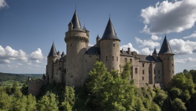 outdoors,sky,day,cloud,tree,blue sky,no humans,cloudy sky,grass,building,nature,scenery,forest,mountain,fantasy,castle,tower,landscape