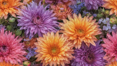 flower, no humans, leaf, scenery, yellow flower, purple flower, colorful, orange flower, still life, chrysanthemum