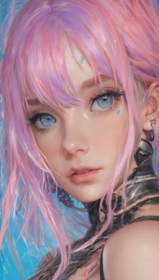 1girl,solo,looking at viewer,short hair,bangs,blue eyes,bare shoulders,jewelry,pink hair,earrings,parted lips,teeth,lips,eyelashes,tattoo,makeup,blue background,facial mark,piercing,portrait,close-up,pink lips,nose,long hair,hair between eyes,sidelocks,shiny,from side,looking to the side,ear piercing