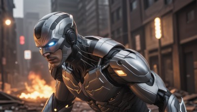 solo,blue eyes,1boy,upper body,male focus,outdoors,armor,blurry,blurry background,glowing,helmet,fire,building,glowing eyes,science fiction,city,realistic,cyborg,power armor,power suit,muscular,robot,android,superhero