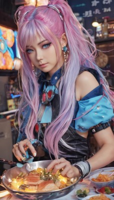 1girl,solo,long hair,breasts,looking at viewer,bangs,blue eyes,holding,bare shoulders,twintails,jewelry,upper body,pink hair,short sleeves,multicolored hair,earrings,food,puffy sleeves,indoors,nail polish,blurry,collar,bracelet,lips,fingernails,clothing cutout,makeup,depth of field,blurry background,ring,blue nails,bowl,spoon,k/da (league of legends),closed mouth,artist name,two side up,watermark,knife,plate,realistic,nose,fork,holding spoon