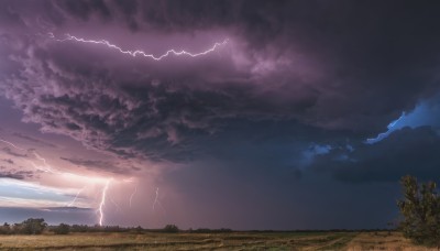 outdoors,sky,cloud,tree,no humans,cloudy sky,grass,nature,scenery,forest,sunset,mountain,electricity,field,lightning,landscape,horizon