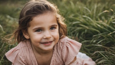 1girl,solo,looking at viewer,smile,short hair,open mouth,brown hair,dress,brown eyes,upper body,outdoors,parted lips,teeth,signature,blurry,black eyes,lips,blurry background,grass,child,portrait,realistic,female child,long hair,day,wind