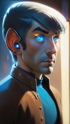 solo,looking at viewer,short hair,blue eyes,1boy,closed mouth,jacket,upper body,male focus,open clothes,artist name,open jacket,lips,glowing,turtleneck,facial hair,portrait,glowing eyes,beard,science fiction,brown jacket,realistic,nose,mustache,android,cyborg,shirt,black hair,signature,headgear,thick eyebrows,backlighting,serious,robot ears