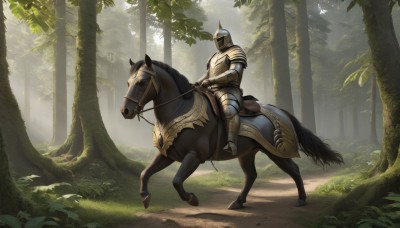 solo,1boy,male focus,outdoors,day,armor,tree,animal,sunlight,helmet,grass,shoulder armor,gauntlets,nature,scenery,1other,forest,pauldrons,breastplate,fantasy,riding,horse,knight,full armor,ambiguous gender,horseback riding,helm,plate armor,reins,saddle,holding,weapon,from side,plant,armored boots,greaves,faulds,plume