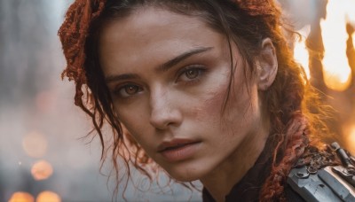 1girl,solo,looking at viewer,brown hair,black hair,brown eyes,parted lips,artist name,mole,blurry,lips,depth of field,blurry background,portrait,forehead,freckles,science fiction,realistic,nose,cyborg,long hair,eyelashes,fire,close-up,dirty,cyberpunk,mechanical parts