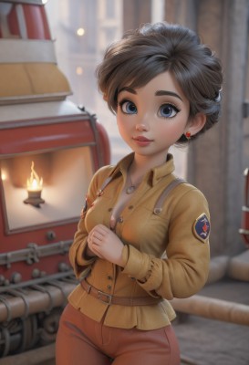 1girl,solo,breasts,looking at viewer,smile,short hair,blue eyes,brown hair,shirt,long sleeves,cleavage,jewelry,medium breasts,cowboy shot,earrings,parted lips,collared shirt,belt,pants,necklace,blurry,uniform,lips,military,eyelashes,military uniform,blurry background,thigh gap,thick eyebrows,own hands together,fire,freckles,unbuttoned,partially unbuttoned,badge,blush,bangs,black hair,jacket,small breasts,outdoors,open clothes,teeth,day,indoors,bra,window,makeup,buttons,building,brown jacket,nose,emblem,stud earrings,candle