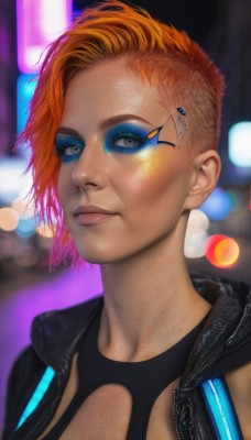 1girl,solo,looking at viewer,short hair,blue eyes,closed mouth,jacket,upper body,multicolored hair,orange hair,blurry,lips,clothing cutout,eyelashes,makeup,blurry background,portrait,eyeshadow,science fiction,asymmetrical hair,realistic,nose,eyeliner,undercut,mascara,cyberpunk,eyebrow piercing,cleavage,jewelry,earrings,open clothes,black jacket,grey eyes,depth of field,piercing,ear piercing,freckles,very short hair,bokeh,neon lights