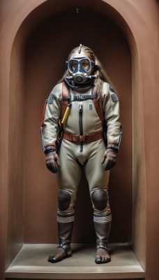 solo,looking at viewer,gloves,1boy,standing,full body,male focus,mask,helmet,goggles,1other,brown gloves,realistic,door,knee pads,gas mask,spacesuit,brown hair,boots,belt,american flag,pilot,astronaut