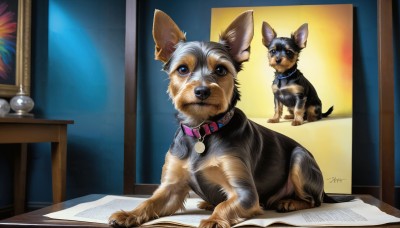 HQ,blue eyes,closed mouth,indoors,signature,collar,book,no humans,animal,table,dog,paper,realistic,animal focus,painting (object),looking at viewer,brown eyes,sitting,full body,desk,open book,red collar,animal collar