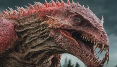 solo,open mouth,outdoors,sky,teeth,tongue,cloud,tongue out,blurry,from side,tree,no humans,blurry background,fangs,cloudy sky,sharp teeth,monster,dragon,dinosaur,horns,day,spikes,realistic,scales