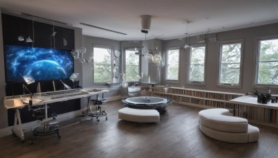 sky,cloud,indoors,tree,cup,book,no humans,window,night,chair,table,plant,star (sky),night sky,scenery,plate,starry sky,wooden floor,lamp,shelf,ceiling light,telescope,day,instrument,couch,desk,clock,space,painting (object),reflective floor,globe