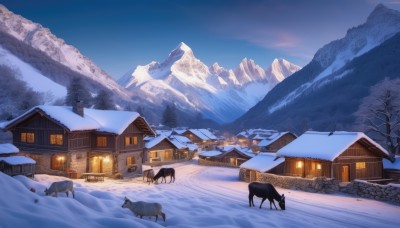 outdoors,sky,day,cloud,tree,blue sky,no humans,window,animal,building,nature,scenery,snow,forest,mountain,door,house,winter,bare tree,mountainous horizon,sheep,town,cow,cat,landscape,footprints,pine tree