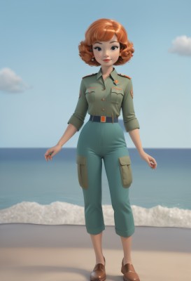 1girl,solo,looking at viewer,smile,short hair,bangs,blue eyes,brown hair,shirt,jewelry,closed mouth,standing,full body,earrings,outdoors,sky,shoes,day,belt,pants,cloud,water,orange hair,blurry,uniform,blue sky,lips,military,military uniform,blurry background,ocean,beach,brown footwear,sleeves rolled up,curly hair,pocket,green shirt,sand,horizon,breast pocket,green pants,breasts,blush,brown eyes,black eyes,freckles