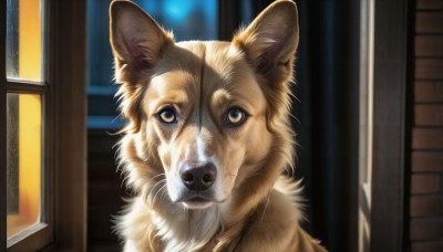 HQ,solo,looking at viewer,yellow eyes,indoors,blurry,no humans,window,night,animal,moon,cat,dog,realistic,door,animal focus,whiskers,blue eyes,shiba inu