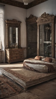 day,indoors,pillow,book,no humans,window,bed,sunlight,sleeping,curtains,scenery,wooden floor,door,blanket,candle,bedroom,pillar,statue,carpet,candlestand,rug,chandelier,canopy bed,on bed,plant,vase,still life