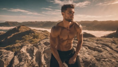 solo,short hair,black hair,1boy,closed mouth,nipples,male focus,outdoors,sky,pants,cloud,looking to the side,muscular,facial hair,black pants,abs,cloudy sky,pectorals,muscular male,scenery,beard,topless male,mountain,realistic,manly,undercut,brown hair,jewelry,day,bracelet,toned male