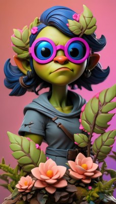 1girl,solo,looking at viewer,short hair,blue eyes,hair ornament,jewelry,closed mouth,blue hair,upper body,flower,short sleeves,earrings,glasses,pointy ears,belt,hood,medium hair,gradient,gradient background,hoodie,colored skin,frown,leaf,pink background,hood down,plant,monster girl,child,pink flower,female child,green skin,fewer digits,simple background,shirt,black hair,collarbone,hair flower,flat chest,lips,overalls,tunic,pink-framed eyewear,green-framed eyewear